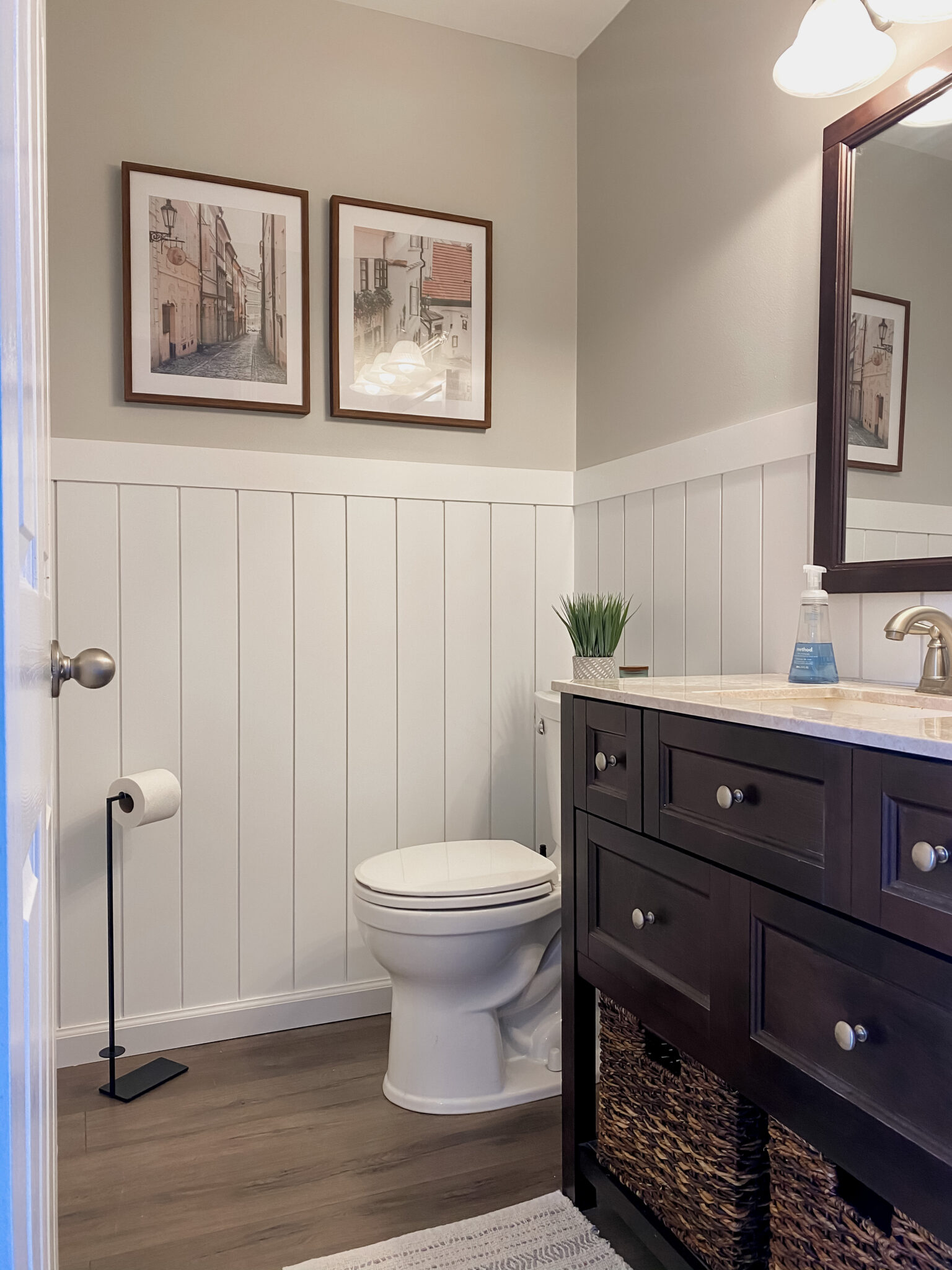 Half Bathroom Makeover with Vertical Shiplap Wall - Come Stay Awhile by ...